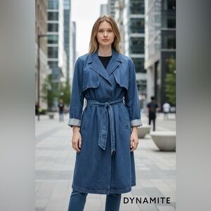 NEW, Dynamite, Long Denim Trench Coat, Size Large, Blue